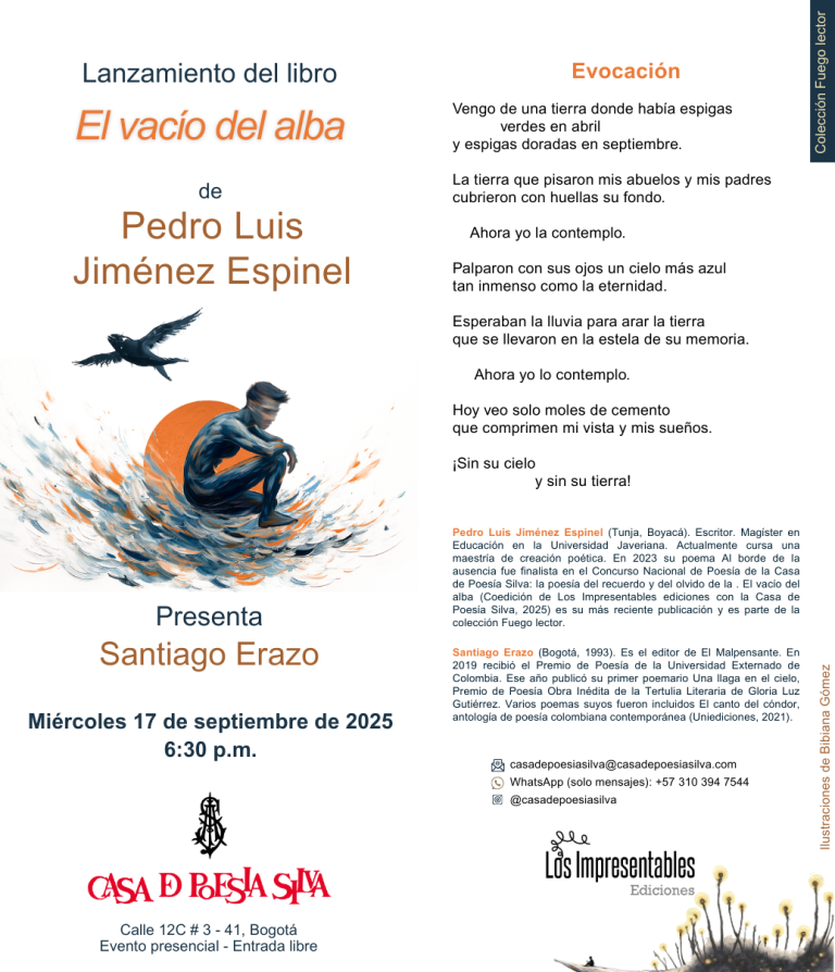 La Casa de Poesía Silva presentará «El vacío del alba», el primer poemario de Pedro Luis Jiménez Espinel