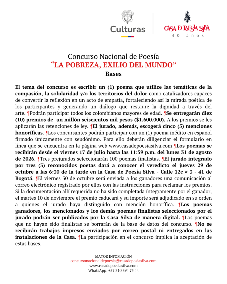 La Casa de Poesía Silva lanza el Concurso Nacional de Poesía «La pobreza, exilio del mundo» 2026